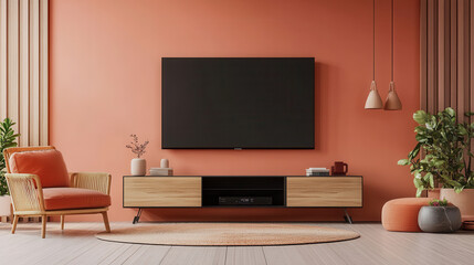 Living Room Harmony: A cozy and contemporary living room, perfectly decorated. A large, blank television screen dominates the scene.