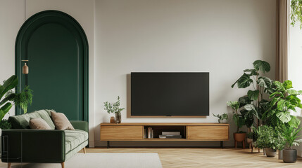 Modern Interior: A sleek, contemporary living room, bathed in natural light, where a large television is mounted above a stylish wooden console.