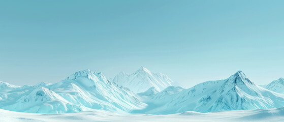 Fototapeta premium White snow-capped mountain range with gentle snowy slopes and sharp stone teeth against background of pale blue clear gradient sky. Banner. Copy space for text.
