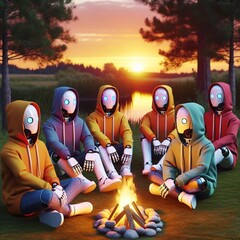 A group of robots wearing hoodies sits around a campfire at sunset.