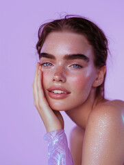 A close-up beauty portrait of a young woman with bold eyebrows, freckles, glowing skin, and a shimmering pastel aesthetic