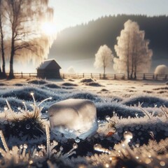 A close-up of a frost-covered ice cube resting in a frosty field, with frosted grasses and trees in the background.