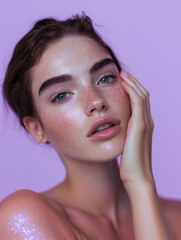 A close-up portrait of a young woman with freckles, full lips, and glowing skin, posing against a soft lavender background