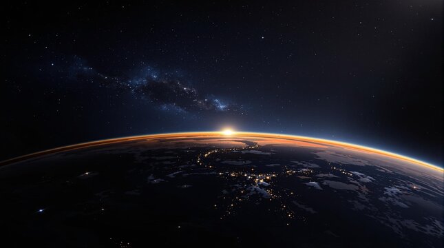 Dramatic view of the sun rising over the Earth's atmosphere, illuminating the edge of the planet from space - Powered by Adobe