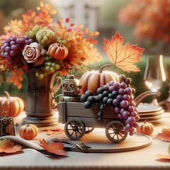A small wooden cart with a robot and grapes sits on a table with autumnal decorations, including pumpkins and flowers.