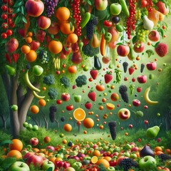 A tree overflowing with an abundance of various fruits, vegetables, and berries, falling onto the forest floor.