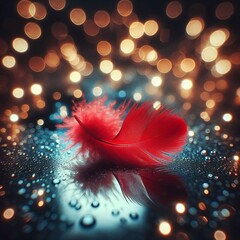 A single red feather rests on a dark, wet surface, with blurred bokeh lights in the background.