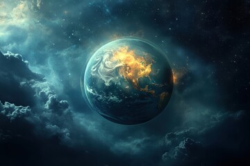 Obraz premium Earth illuminated by cosmic energy surrounded by swirling clouds in deep space