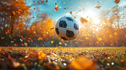 Soccer Ball in Motion with Autumn Leaves and Sunlight Backgroung