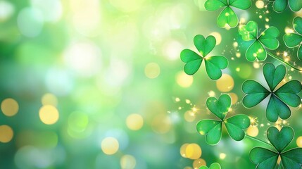 Naklejka premium A vibrant green background featuring shamrock leaves and soft bokeh lights, evoking a fresh, lively atmosphere.