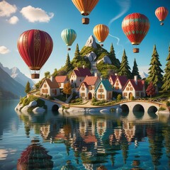 Hot air balloons float over a charming village on a small island in a lake.