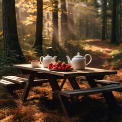 Two white teapots and a bowl of strawberries sit on a wooden picnic table in a sun-dappled forest.