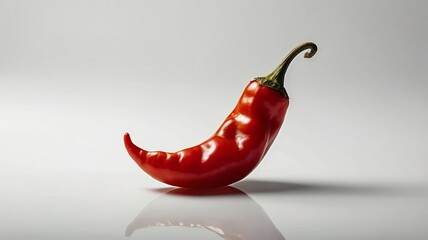 Vibrant Red Chili Pepper with Glossy Texture and Green Stem on Bright White Background