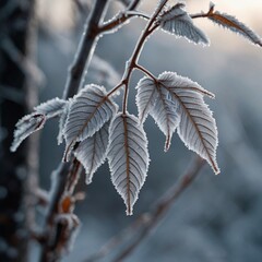 Close-up of frost-covered leaves on a branch.