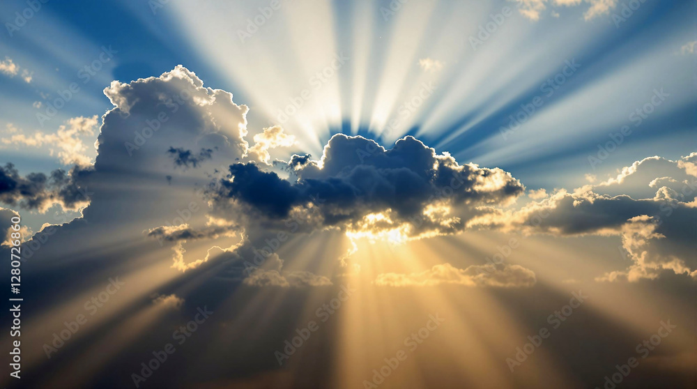 Poster A breathtaking view of a sky, bathed in a radiant array of light and shadow, with the sun's rays piercing through the clouds, creating a mesmerizing contrast between the bright sky and the dark clouds