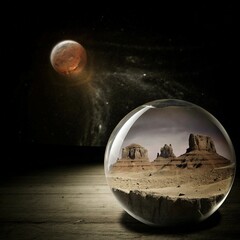 A glass sphere contains a miniature desert landscape, with a planet visible in the background.