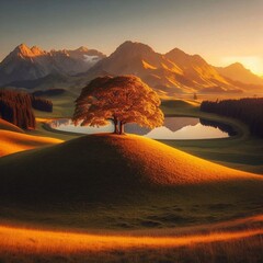 A lone tree stands on a hill overlooking a calm lake surrounded by rolling hills and mountains at sunset.