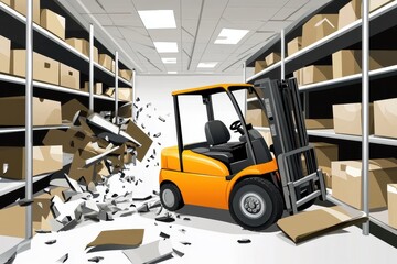 Forklift Accident in Warehouse with Boxes and Shelves in Chaos