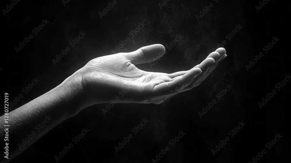 Poster a solitary hand extends outward in a soft, inviting gesture, set against a dark backdrop. the contra