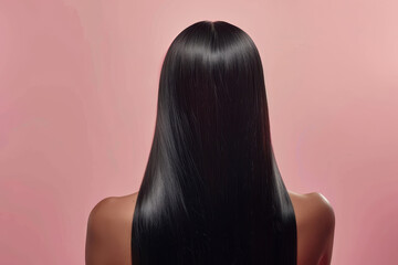 Sleek black hair on female back against pink background