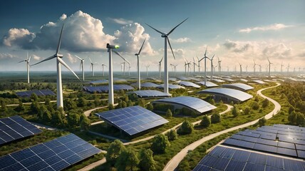 Aerial View of a Futuristic Cityscape Powered by Solar Panels and Wind Turbines Against a Blue Sky with Green Trees Landscape Under a Bright Sunlight