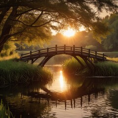 Wooden footbridge spanning a calm river at sunset, with lush vegetation and a tree casting shade.