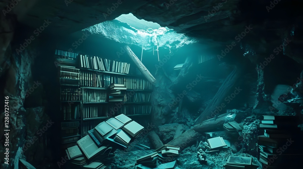 Poster underwater library with scattered books and beams of light illuminating the submerged environment