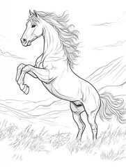 Majestic horse rearing on hind legs in a mountainous landscape.