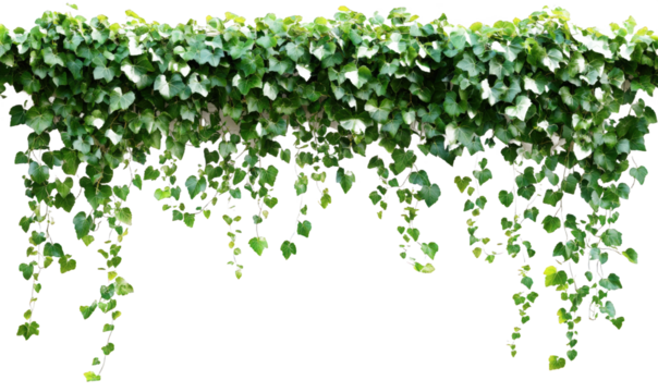 The leaves of the green vines hanging down on the wall