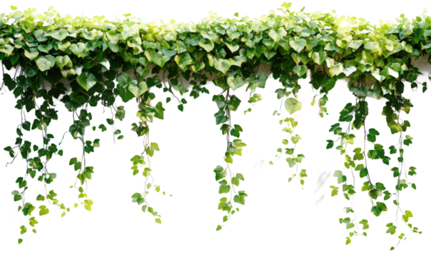 The leaves of the green vines hanging down on the wall
