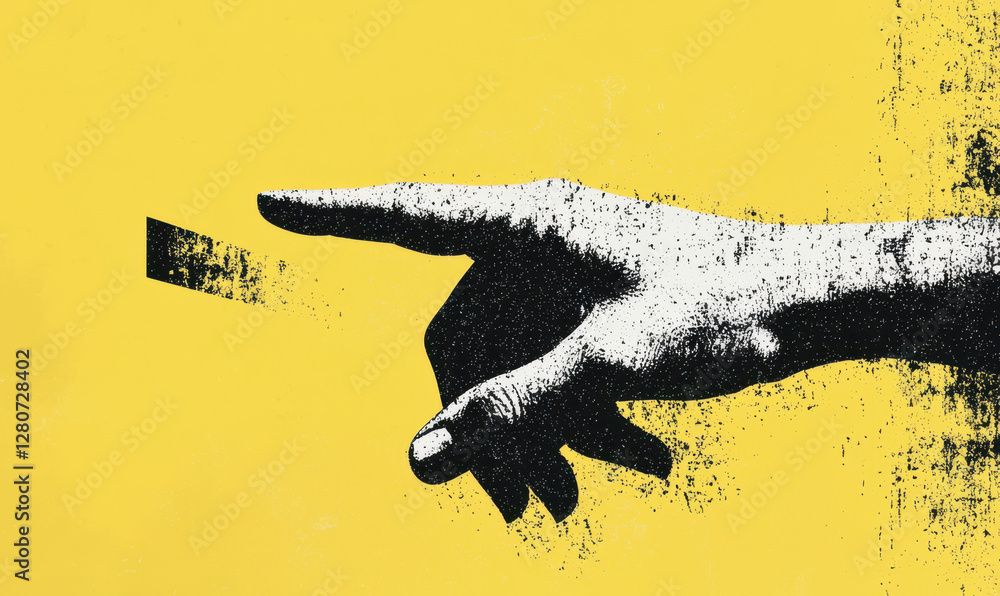 Poster exploring the power of gesture: an abstract illustration of a hand pointing against a vibrant yellow