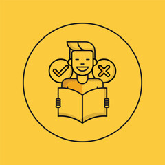 Make a Decision Icon: Features a person holding an open book with a checkmark and an 'X' symbol, indicating the process of making a choice. Ideal for educational and decision-making themes.