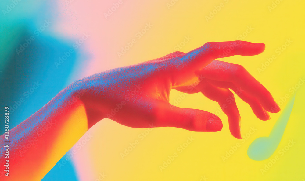 Poster a captivating display of color and motion: a hand gesture evoking music and emotion in a vibrant abs