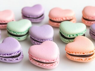 Obraz premium Colorful heart-shaped macarons in pastel colors, perfect for celebrations, desserts, or as a sweet treat for loved ones.