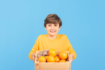 Young charming smiling boy holding box of oranges in yellow sweater, isolated on blue background. Healthy fruit consumption