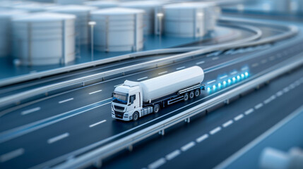 Hydrogen-powered tanker truck driving along curved road near industrial storage tanks in futuristic city. Role of hydrogen fuel technology in advancing sustainable logistics and clean transportation.