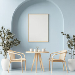 Serene Cafe Corner: A minimalist interior, featuring a blank art print above a round table with chairs, framed by arched architecture, and lush greenery, inviting a moment of calm reflection.