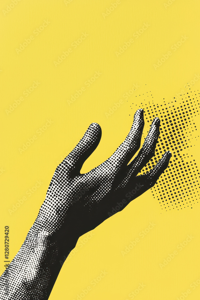 Poster exploring the power of gesture: a dynamic hand illustration against a vivid yellow background with b