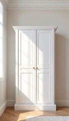 The image features a white cabinet in the corner of a room with white walls and hardwood floors.