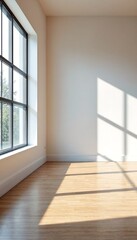 Fototapeta premium A vacant room with beige walls and natural light pouring through two windows.