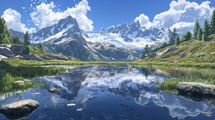 Fototapeta premium Serene Mountain Landscape with Snow-Capped Peaks, Reflective Lake, and Vibrant Greenery Under a Clear Blue Sky