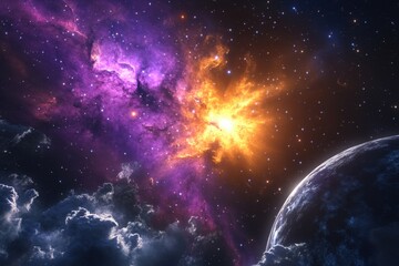 Obraz premium Colorful cosmic explosion illuminating a distant planet in a starry universe