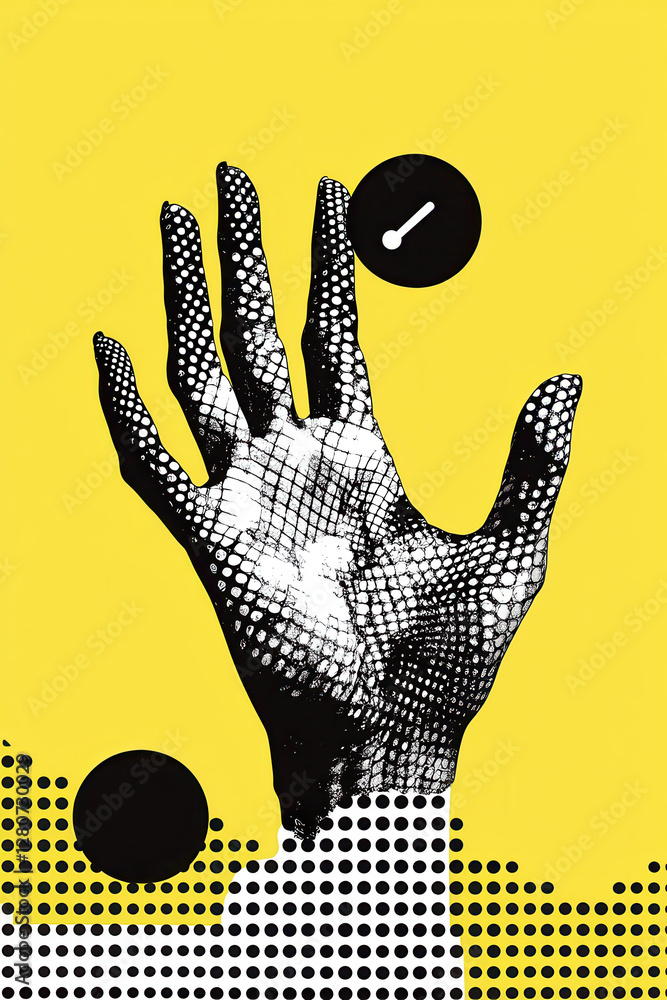 Poster exploring the intersection of art and symbolism: a vibrant graphic representation of a hand against 