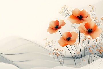 Orange poppies, grey waves, floral art, home decor