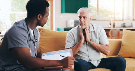 Doctor, old man and writing symptoms in home visit, assessment and medical file for health...