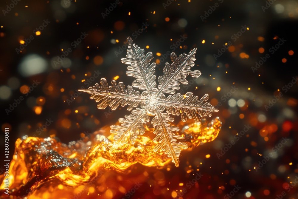 Poster a detailed view of a unique snowflake melting on a flame