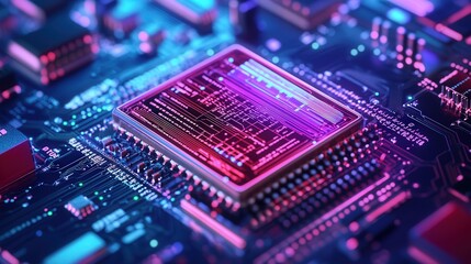 Obraz premium holographic computing chip, projecting interactive 3D interfaces while processing vast amounts of data at ultra-high speeds