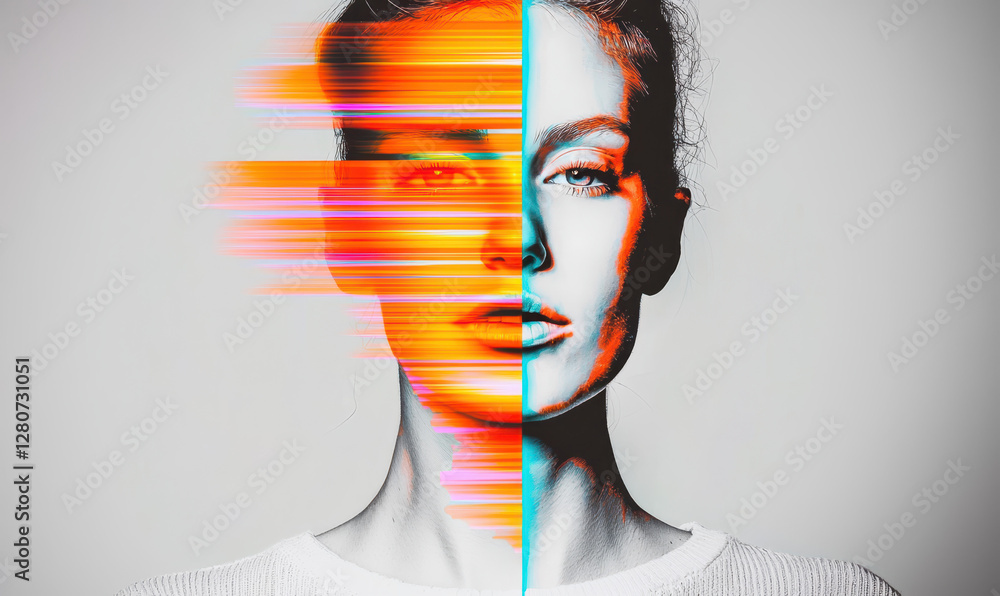 Poster exploring the fusion of human expression and technology: a colorful portrait capturing the essence o