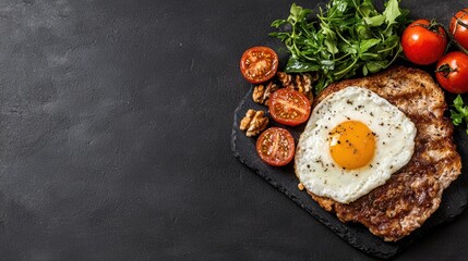 Fried egg on toast with vegetables, breakfast, dark background, healthy eating
