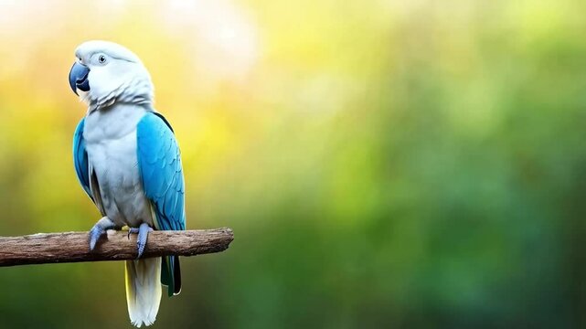 A vibrant macaw showcases its striking blue and white feathers while perched on a branch. The background features a soft blur of greenery, capturing the tranquility of early morning light.
